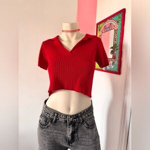 Women’s Red Lined Collared Ribbed Crop Top